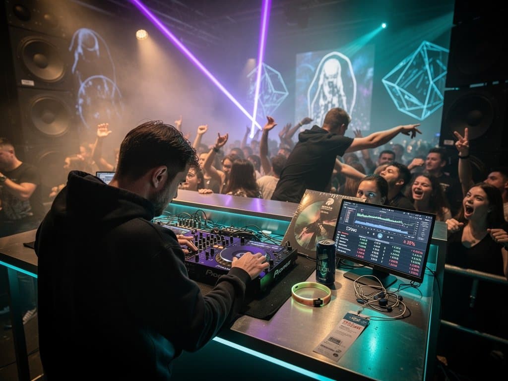 DJ in Berliner Techno-Club prüft Hyperliquid HYPE-Dip auf Smartphone unter Neonlichtern