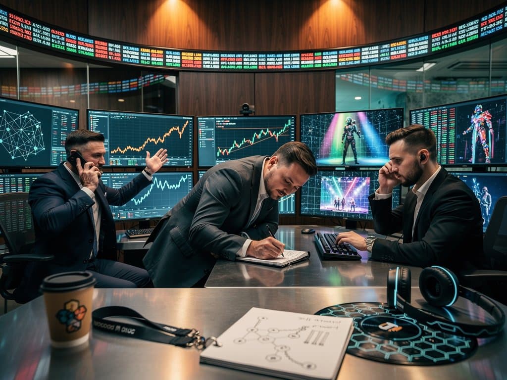 Crypto-Charts mit BTC und NFT-Volumen auf futuristischem Trading-Desk mit EDM-Elementen