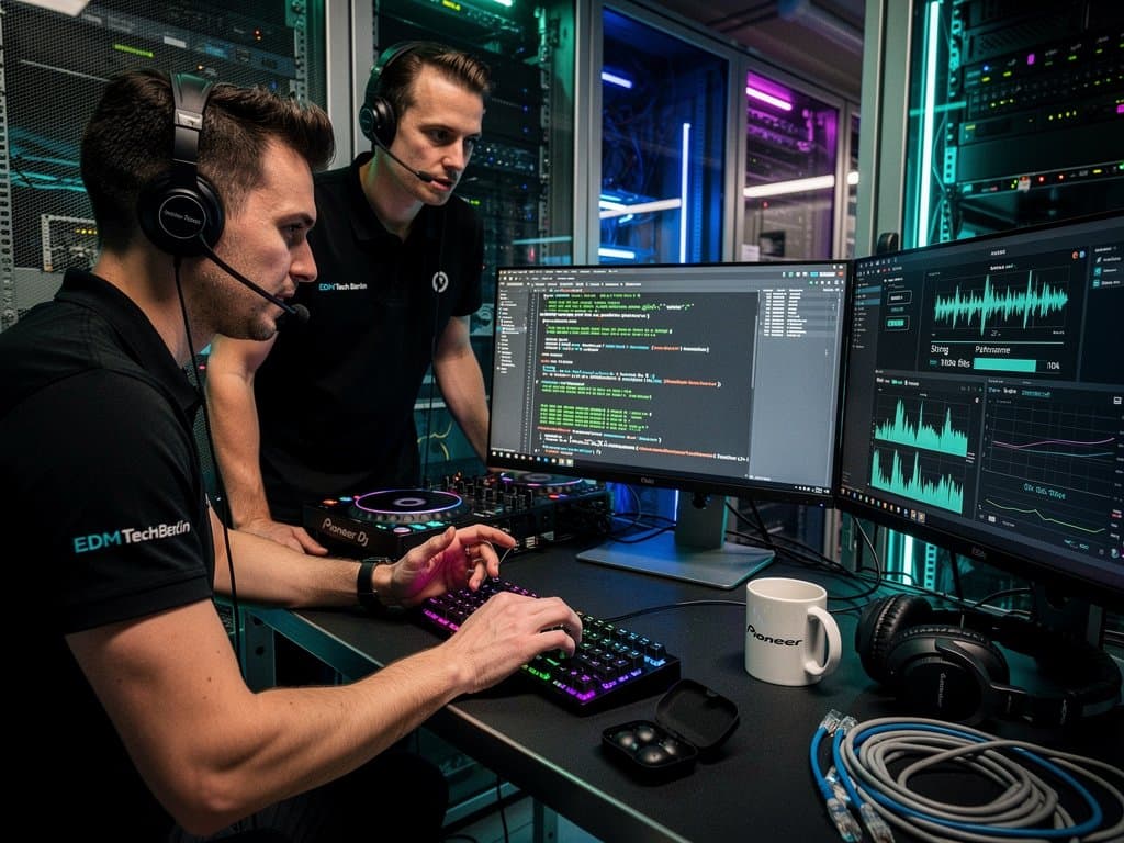Ingenieure in Data Center überwachen Ruby-Code und EDM-Waveforms auf Multi-Monitor-Setup