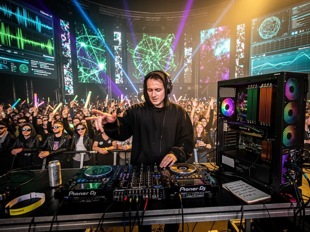 DJ-Pult mit Nvidia GPU auf Time Warp Festival-Bühne, AI-Waveforms und Techno-Crowd