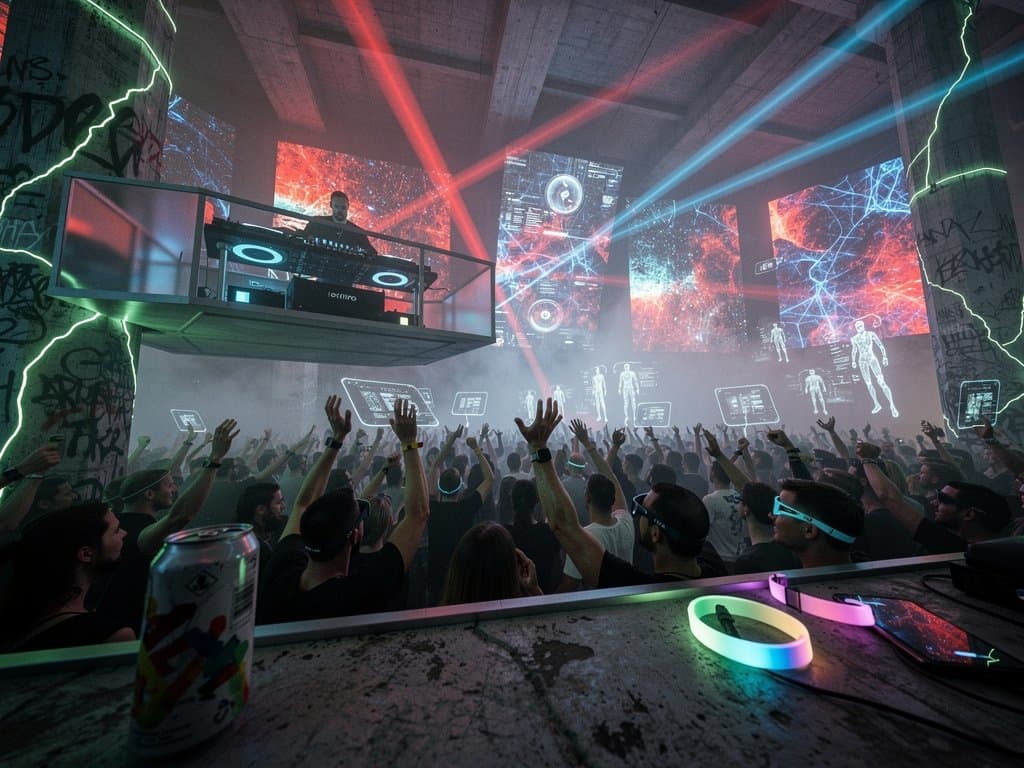 Holografische Tänzerinnen in Berliner Techno-Club mit DJ und AI-Overlays bei 128 BPM Set