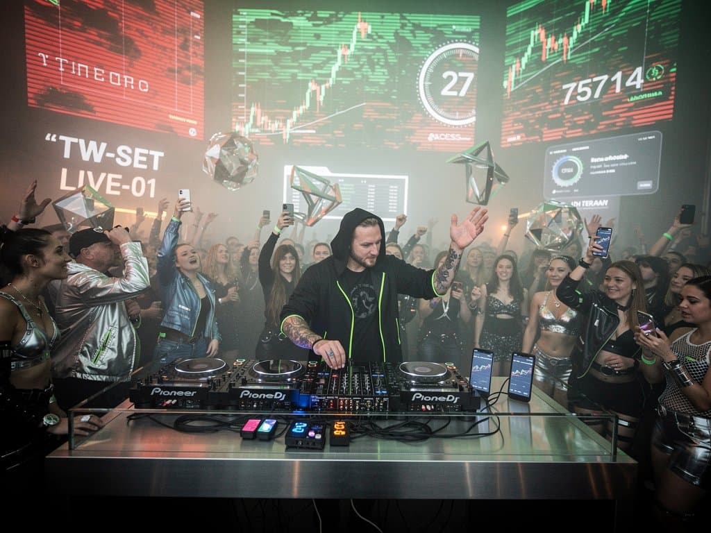 DJ-Booth mit Bitcoin-Charts unter 80.000 USD, Festival-Lineups, NFTs und Techno-Atmosphäre