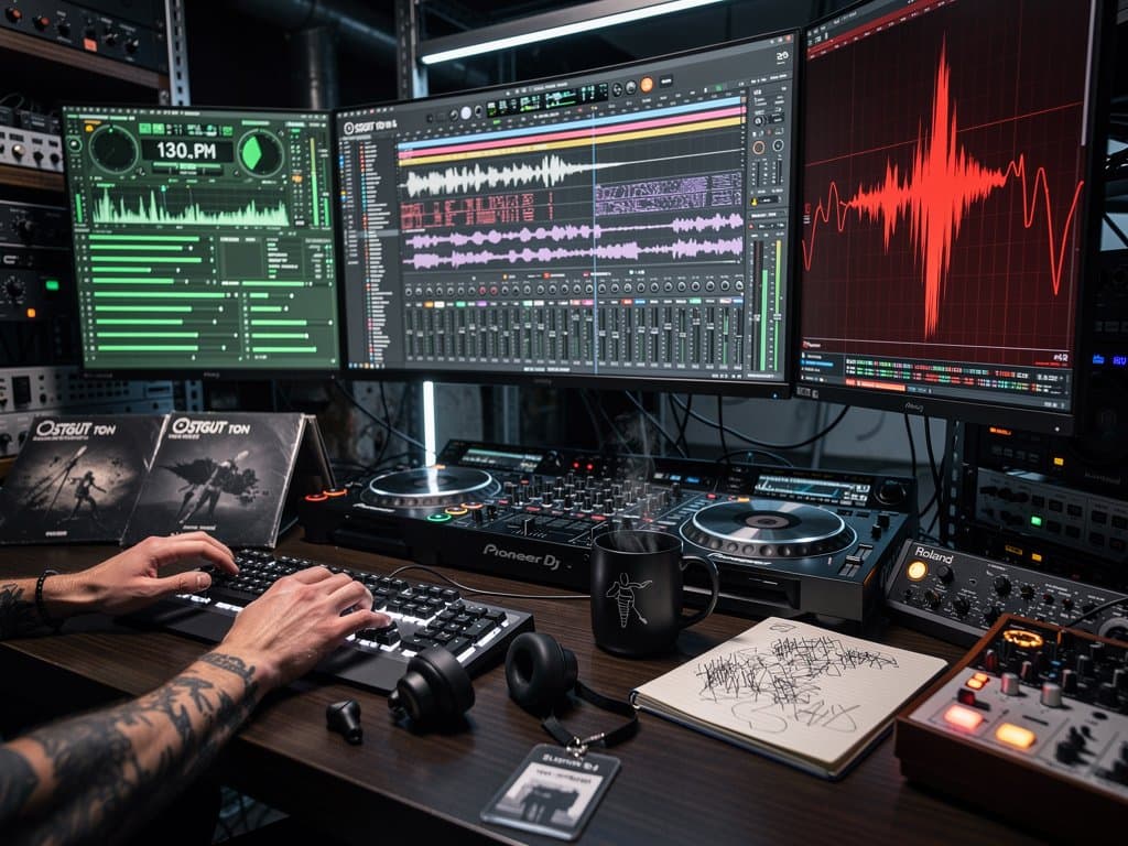 AI-Labor mit Token-Grafiken und Electronic-Beat-Wellenformen auf Monitoren