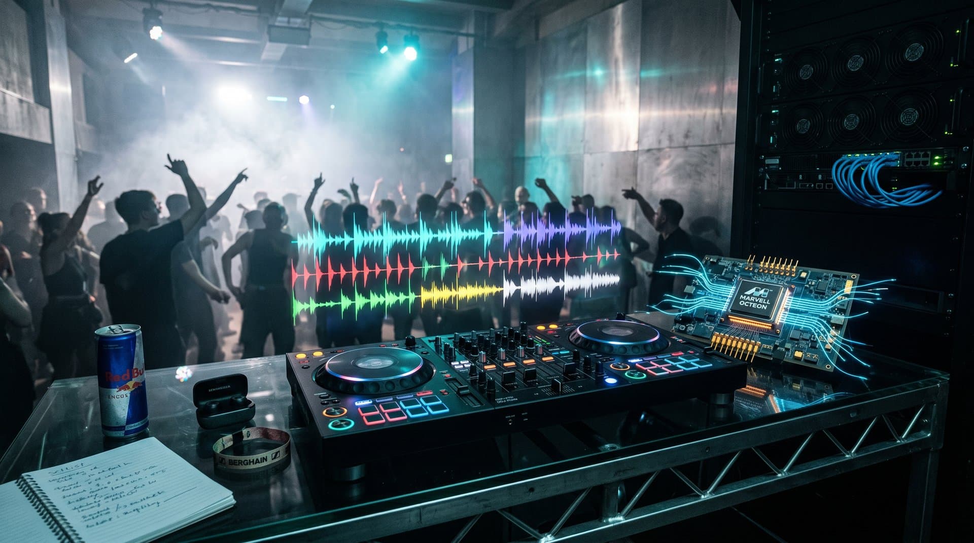 Futuristischer DJ-Controller mit AI-Chip, holografischen Waveforms und TPU-Racks in Berliner Club-Atmosphäre