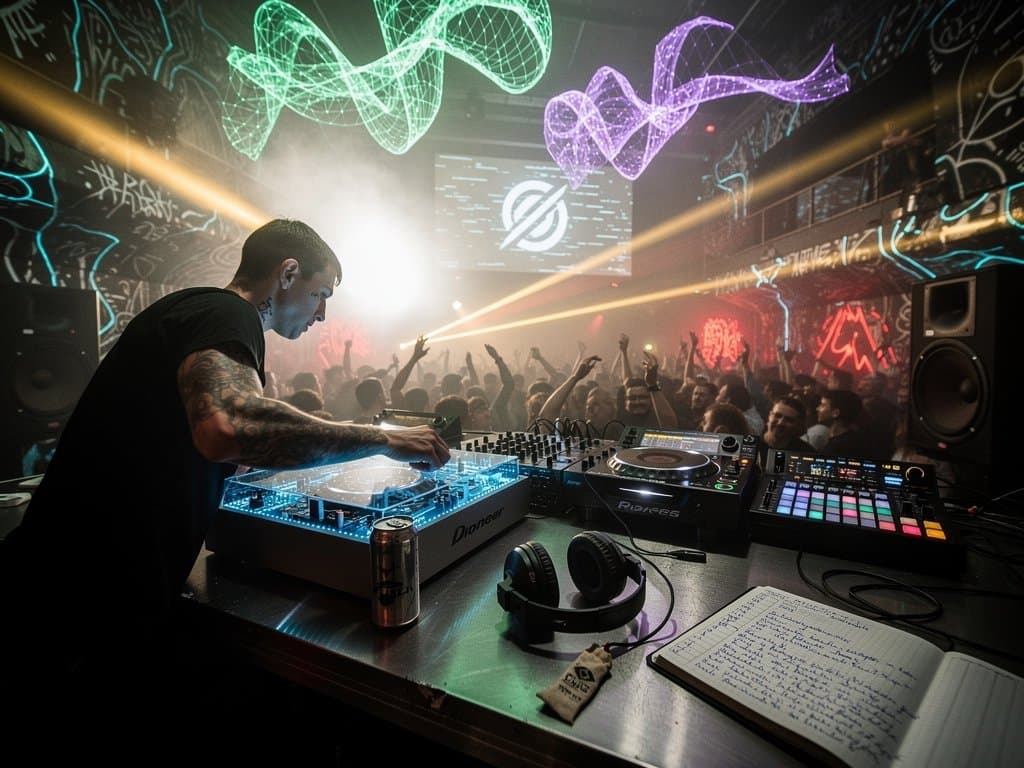 DJ-Pult mit Marvell-AI-Chips in Techno-Club, Neural-Netz-Visuals und pulsierende Beats