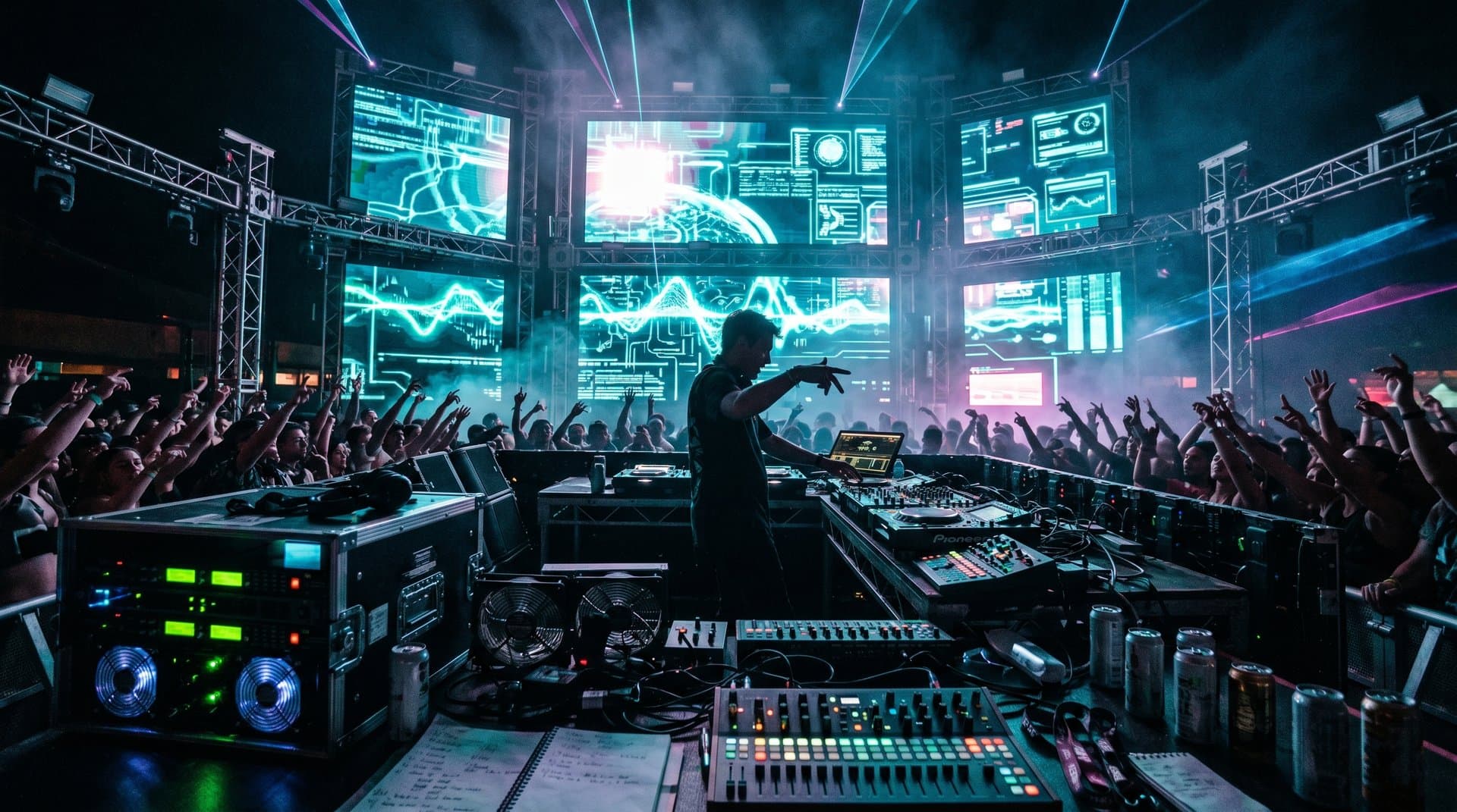 Futuristisches DJ-Pult mit NVIDIA AI auf Techno-Festival (52 chars)