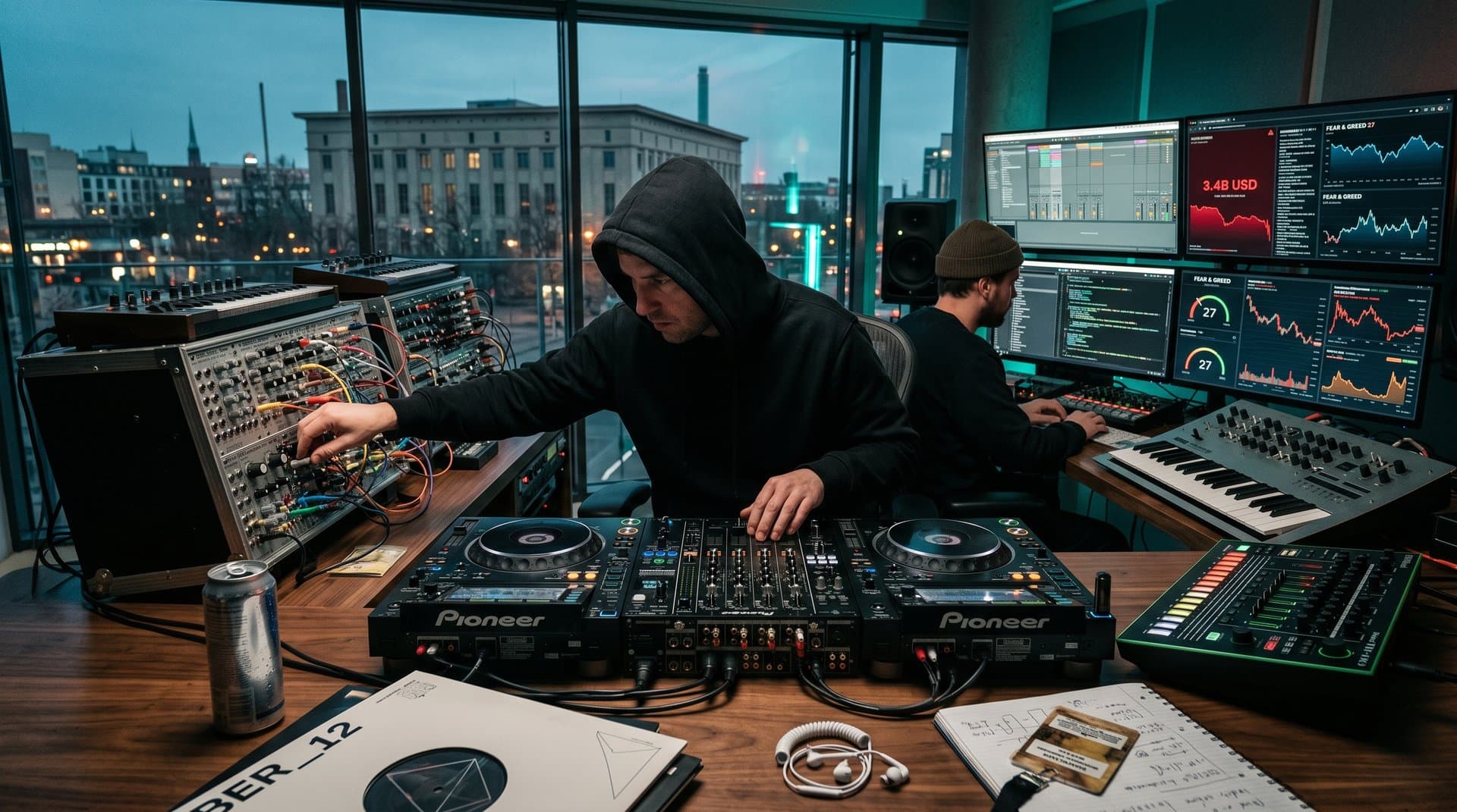 Berliner Studio mit Synth, CDJ-3000 und AI-Monitor-Setup
