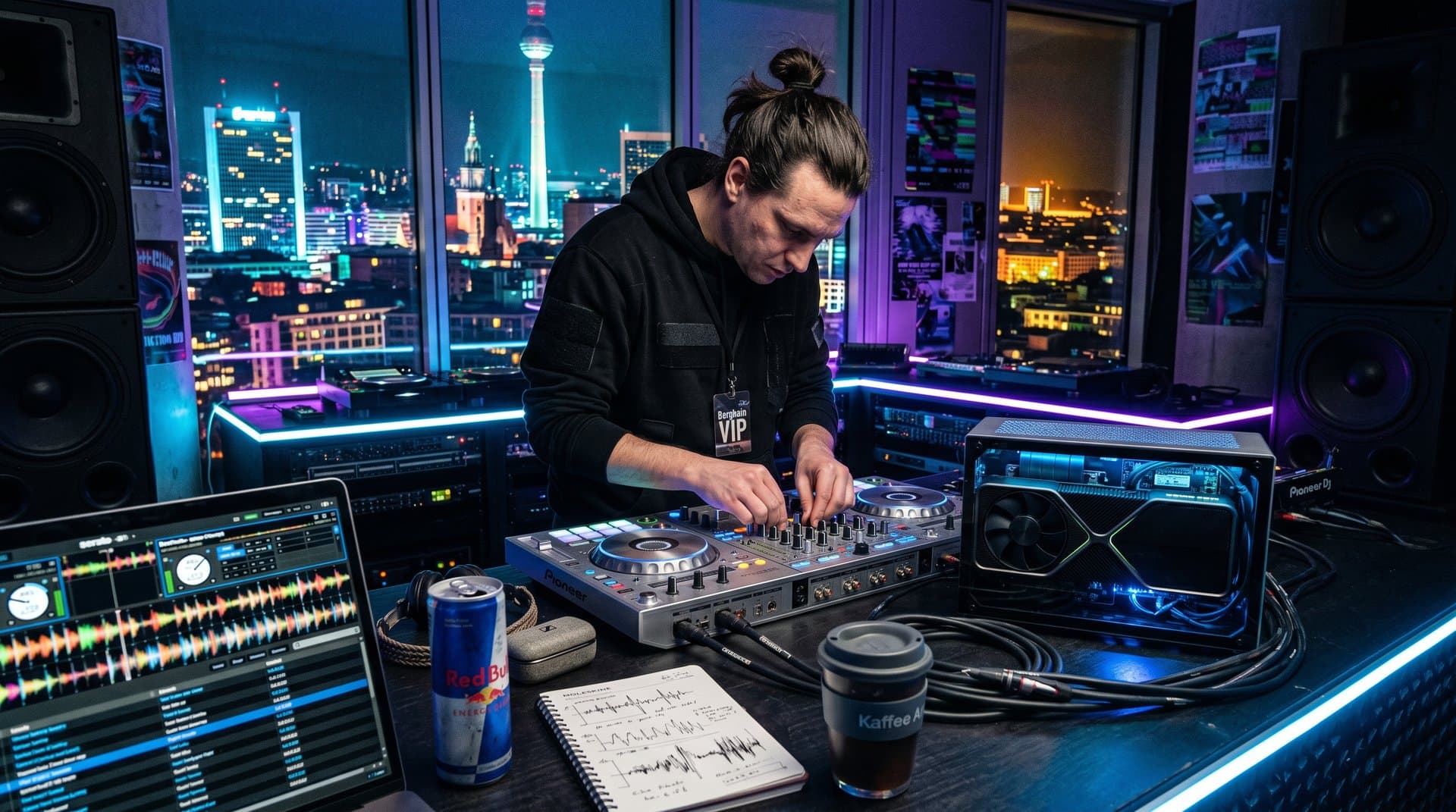 DJ-Studio mit Pioneer-Controller, NVIDIA GPU und Micron Memory für AI-Remixing in Berliner Techno-Szene
