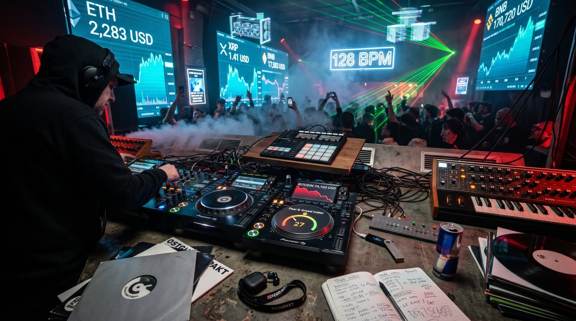 DJ-Pult mit BTC-Charts bei 74.722 USD, Fear & Greed 27, CDJ-3000 und Maschine in Techno-Club-Atmosphäre