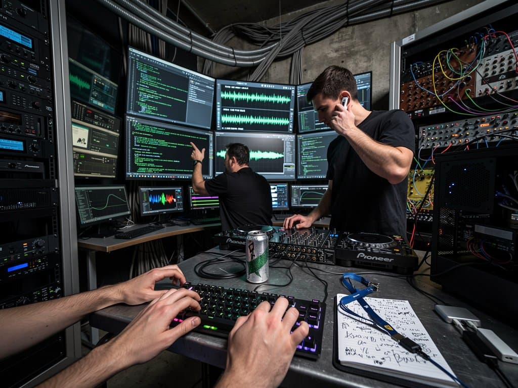 Abstraktes Audio-Lab mit Monitoren, C++-Code, Wellenformen, Synthesizern und Mixing-Consoles