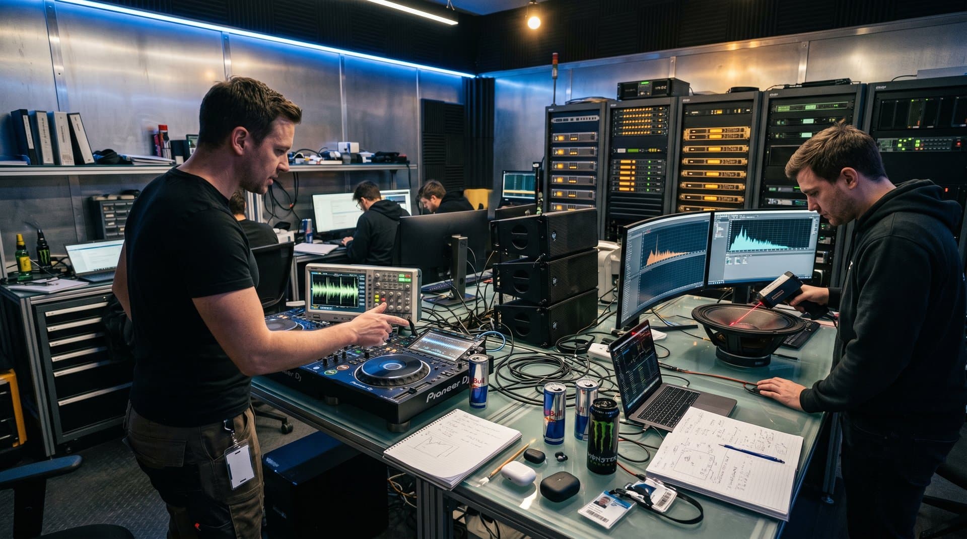 Sound engineers testen Lautsprecher in Pioneer DJ Lab mit Oszilloskopen, CDJs und Equipment-Racks unter LED-Lichtern