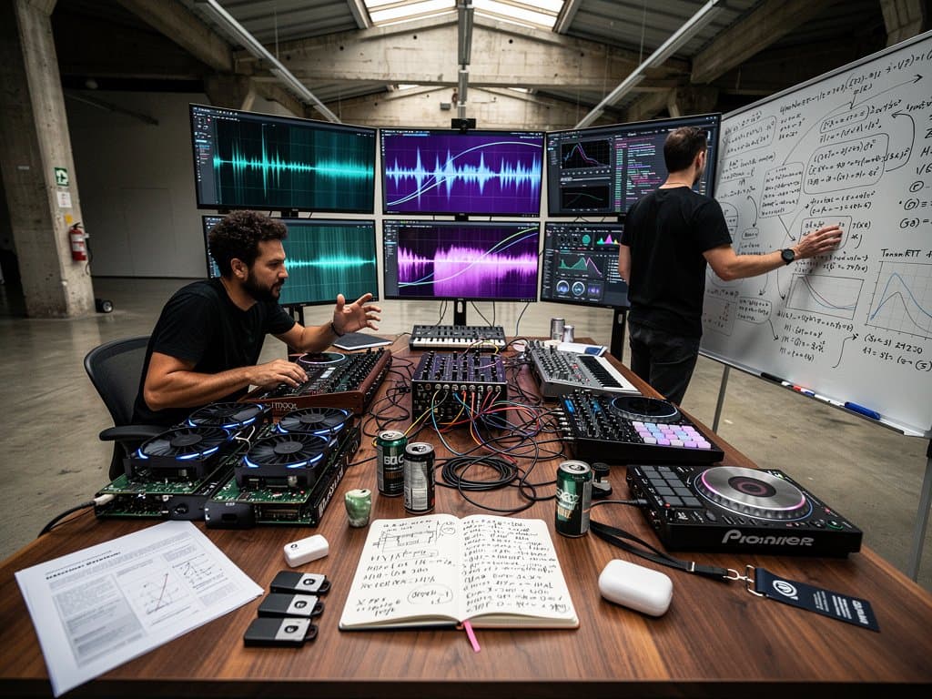 AI-Musikstudio mit Tech-House-Spectrogrammen, NVIDIA-GPUs und Synthesizern