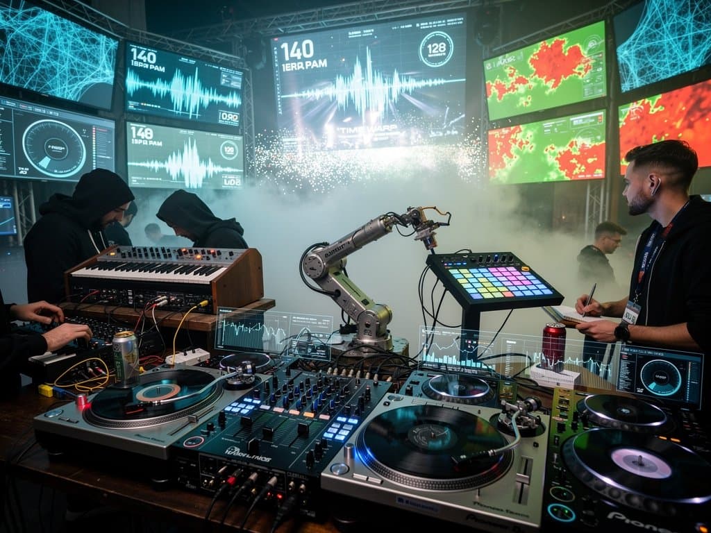 Robot-DJ-Arm mischt Techno-Tracks in Studio mit Waveform-Monitoren und Festival-Heatmaps
