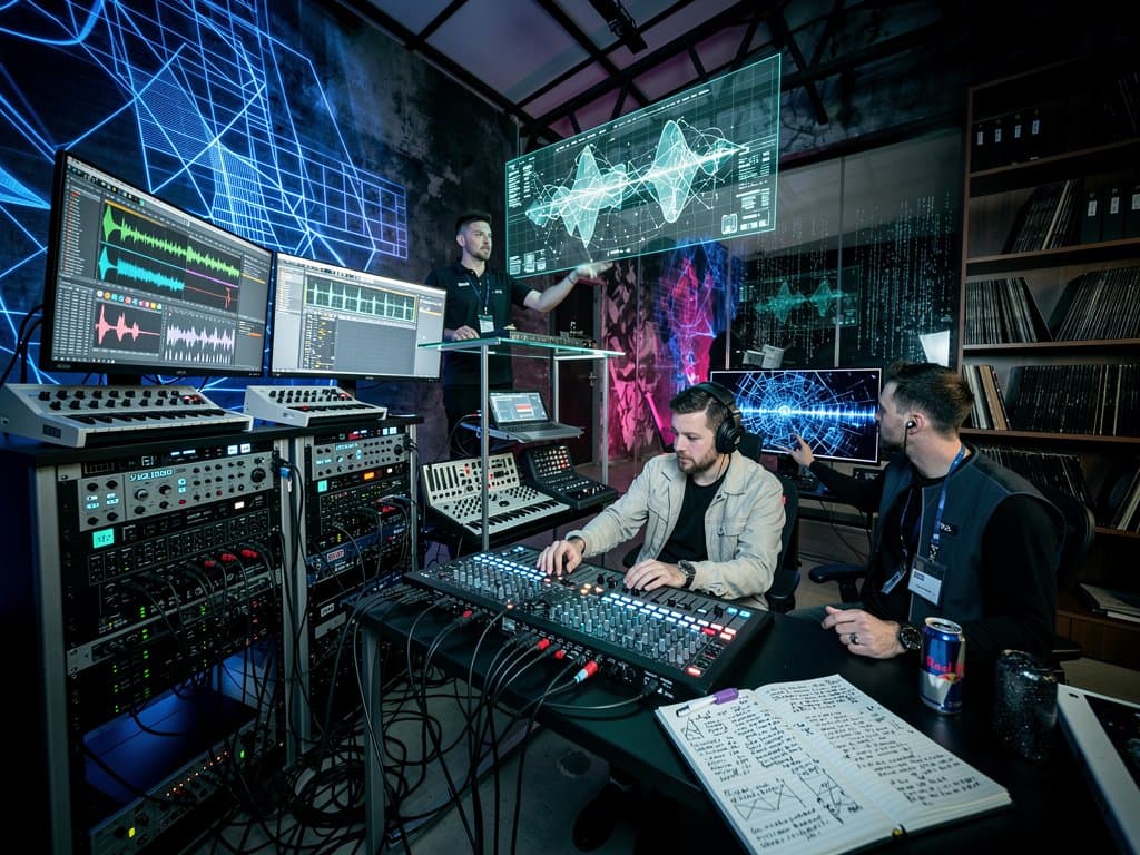 Futuristisches AI-Labor mit neuralen Netzwerken, GPU-Racks und Techno-Produktions-Interfaces im Berliner Club-Stil