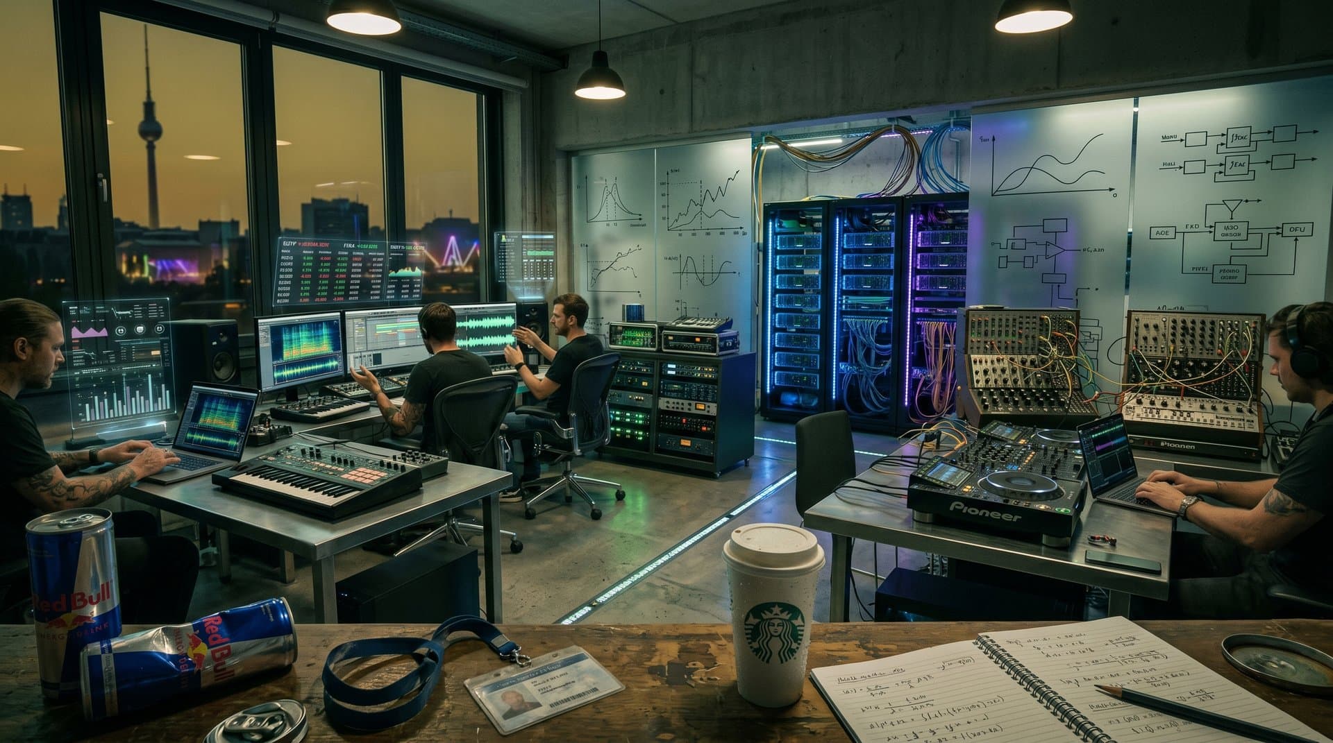 AI music generation lab with waveforms, server racks and electronic production gear