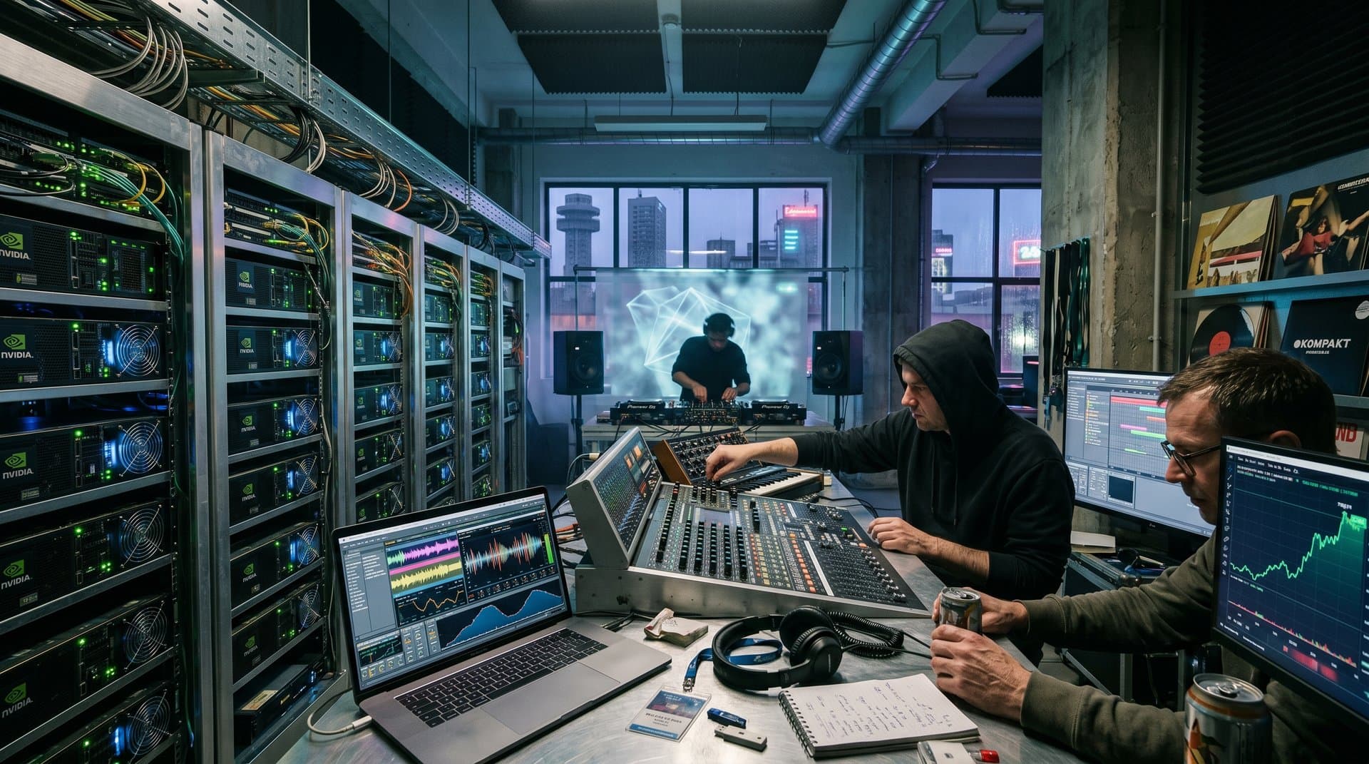 Nvidia GPU-Server mit AI-Wellenformen und Techno-Loops in High-Tech-Laborumgebung