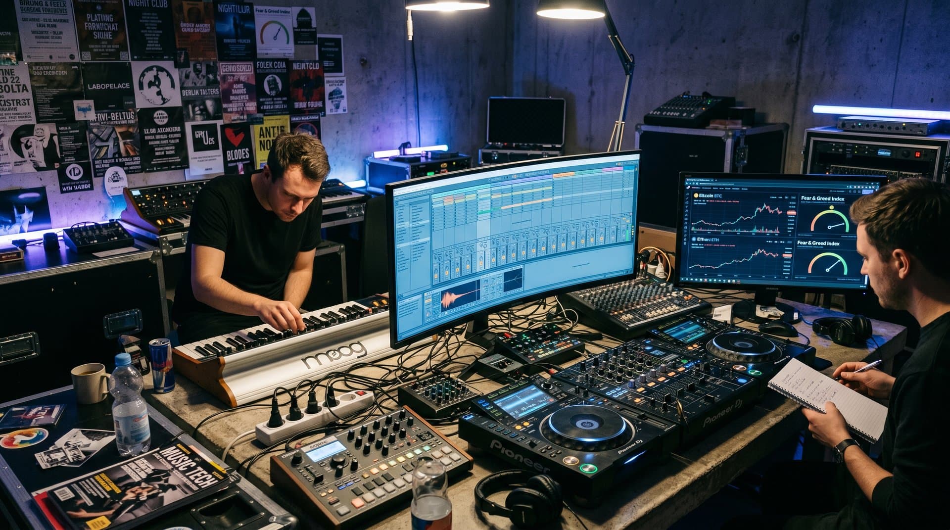 Futuristisches Elektronik-Studio mit AI-Tools, Crypto-Charts und analogen Synths in neonbeleuchteter Cyberpunk-Atmosphäre