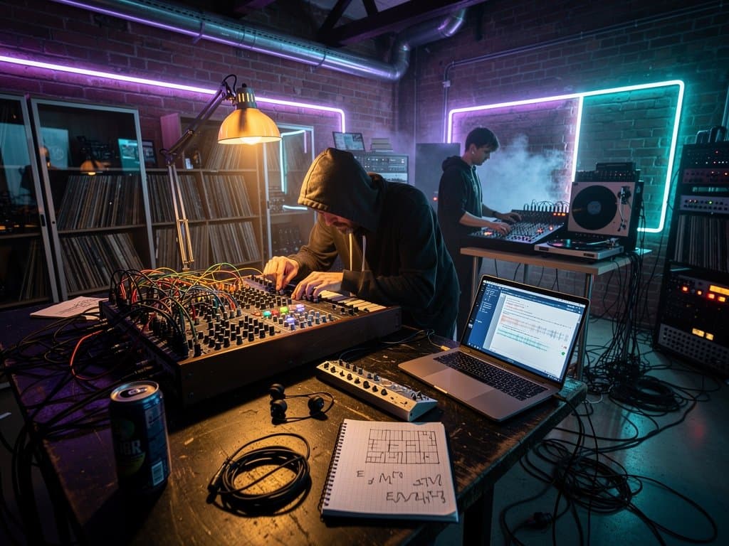 Berliner Loft-Studio mit Eurorack-Synth, ChatGPT-Prompt und Vinyl-Setup in underground Techno-Atmosphäre (82 chars)