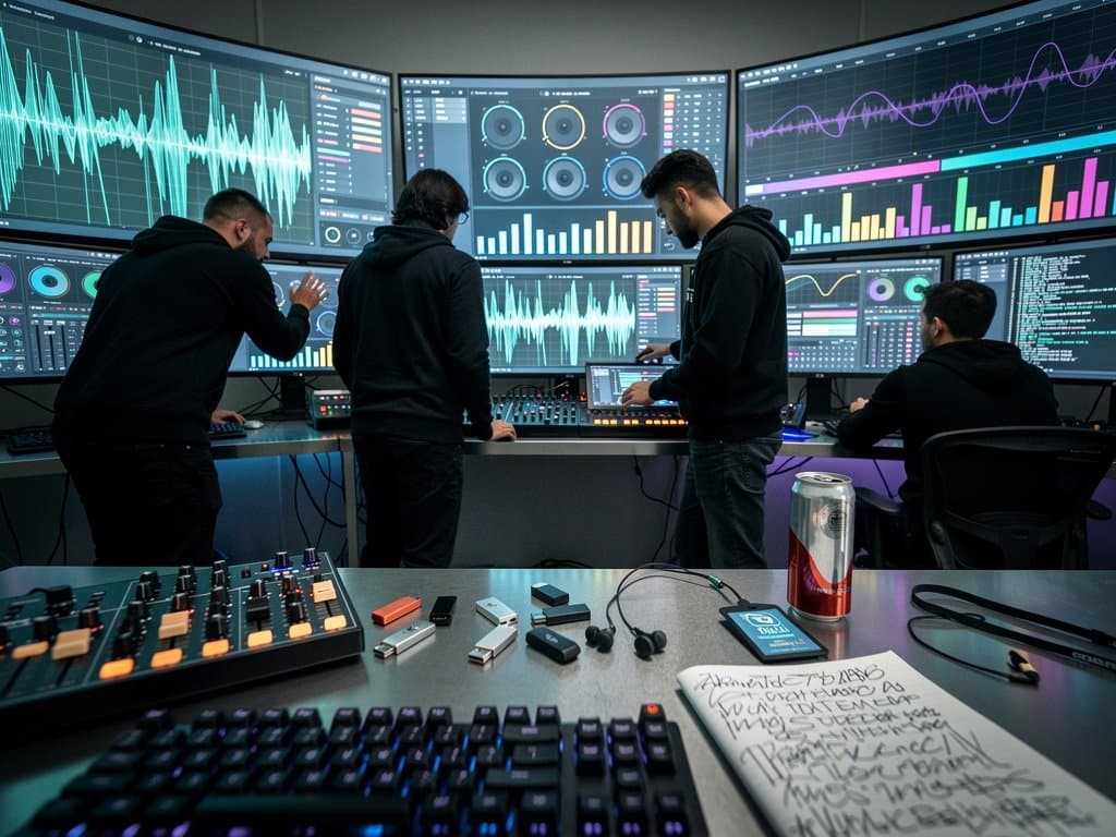 AI-Waveforms und Synthesizer in futuristischem Tech-Labor für Electronic Music Production