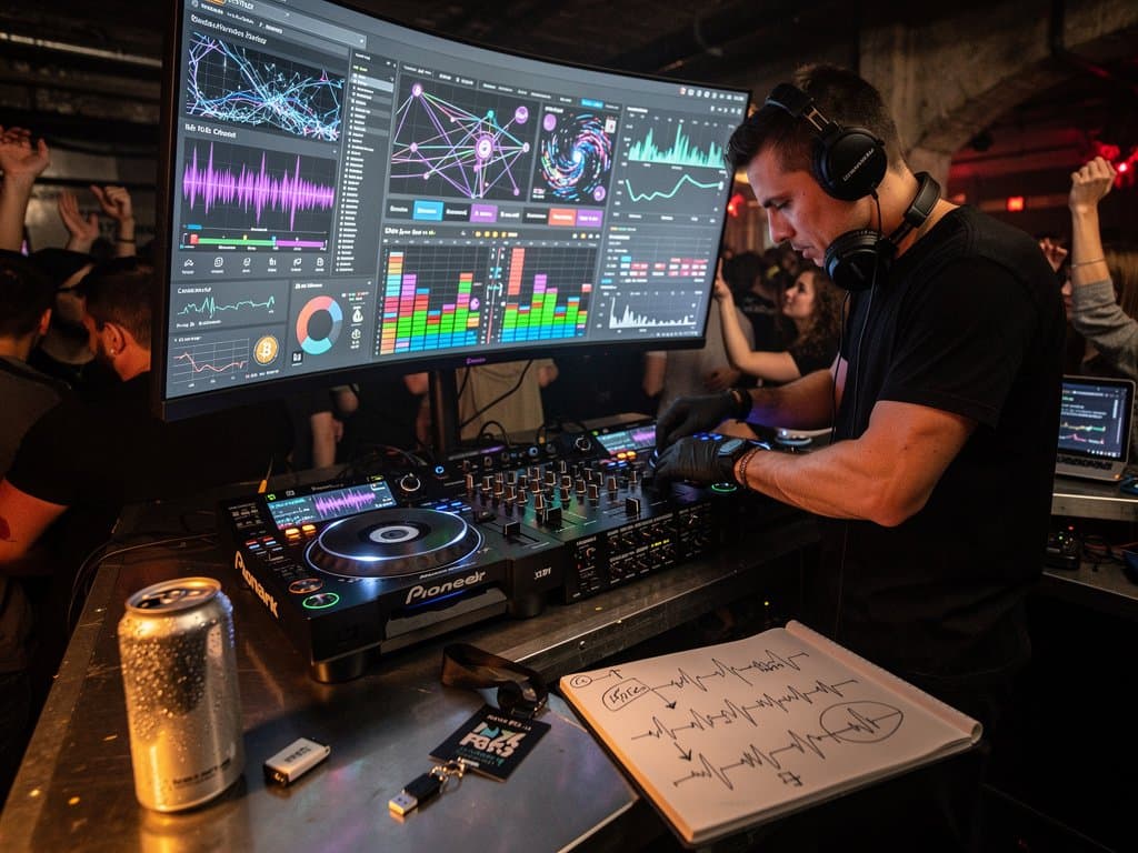DJ-Pult mit Agentic AI-Wellenformen, pulsierende Club-Atmosphäre und Crypto-Tickern