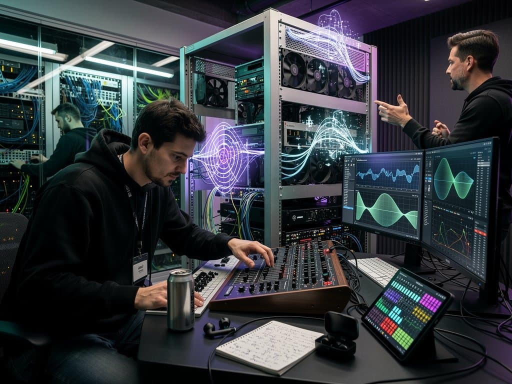 Abstraktes AI-Studio mit GPU-Rack, Waveforms und Synthesizern für Techno-Produktion