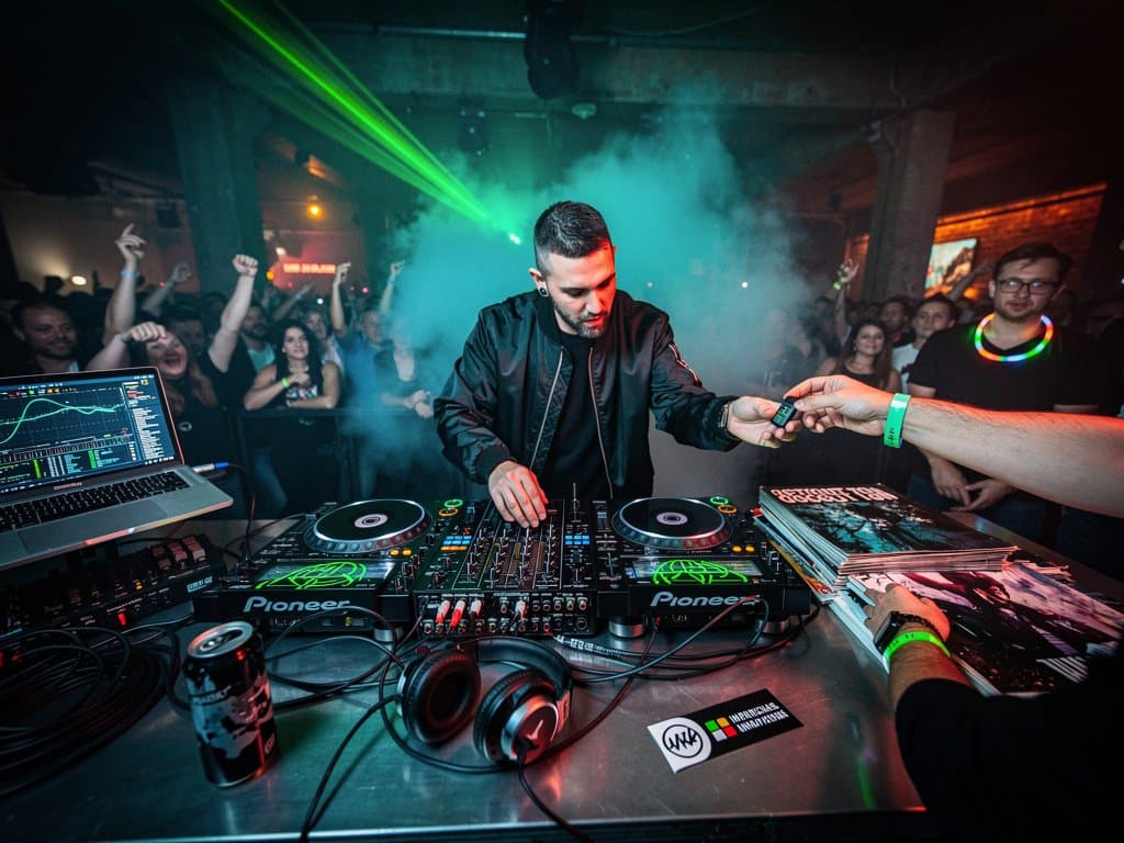 DJ-Booth mit AI-generierten Techno-Waveforms, Deezer-App, Vinyl-Labels und Club-Atmosphäre in Berlin