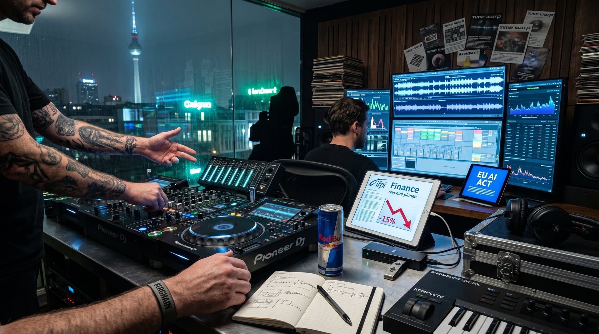 Produzenten in Berliner NI-Studio testen AI-Detection-Tools an Mixern und DAW-Screens mit Skyline-Hintergrund