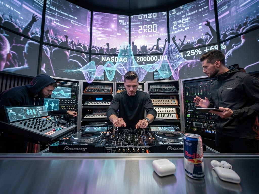 AI DJ Tools Studio mit Pioneer Controller, OLED-Monitoren und generative Beats unter Neonlicht