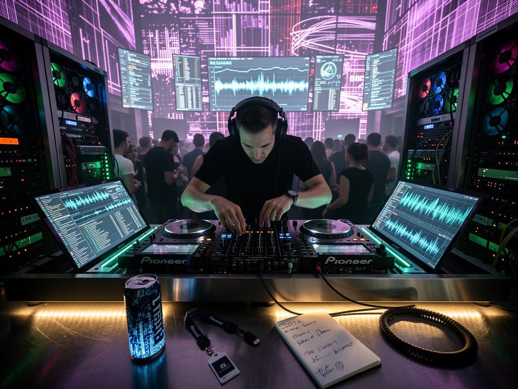 AI-DJ-Pult mit Waveforms und Remixing-Algorithmen in Berliner Club-Ambiente