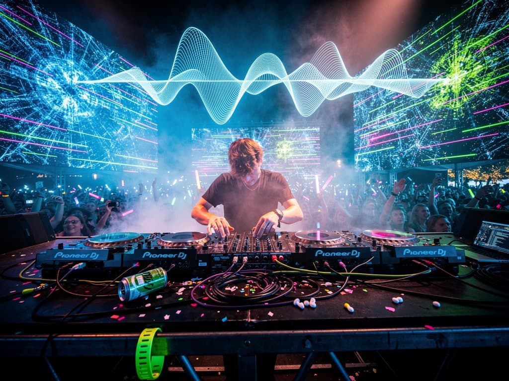 DJ-Pult mit AI-Waveforms auf Festivalbühne, holografische Effekte und Crowd bei Nacht