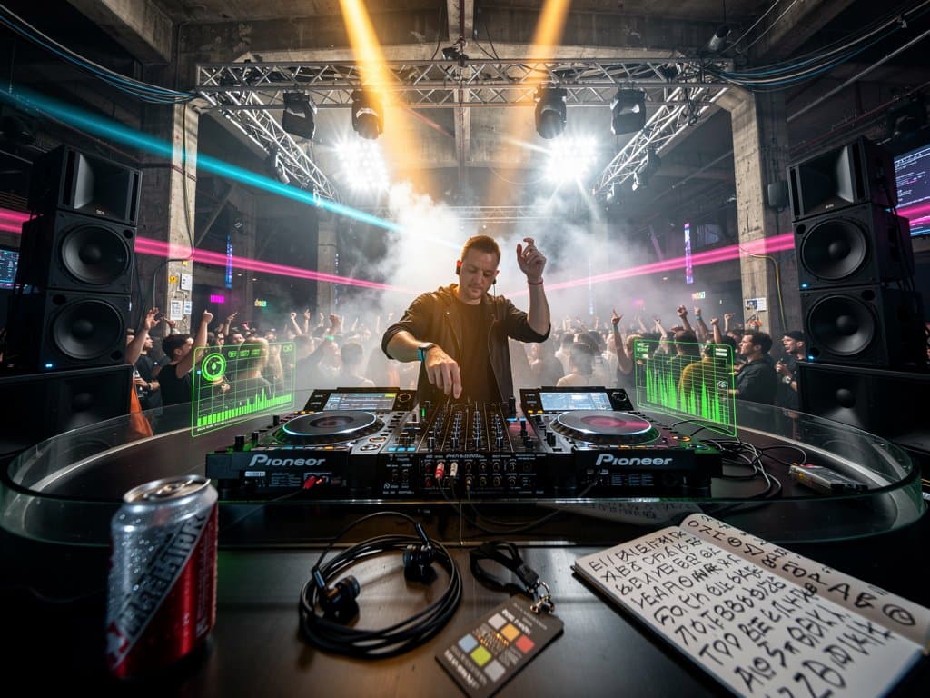DJ-Pult mit AI-Overlays in Techno-Club, holografische BPM-Grafiken und Festival-Energie