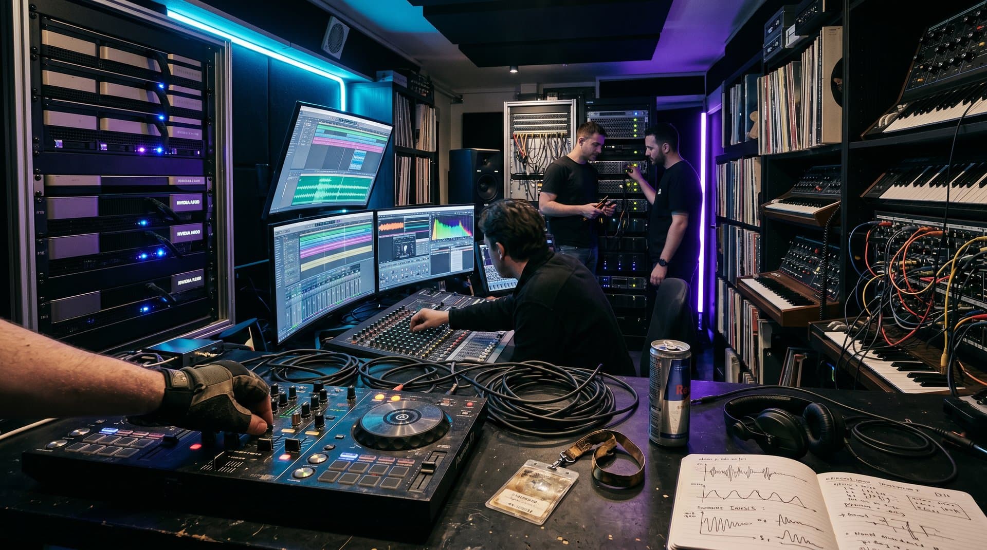 AI-gestützte DJ-Controller und Waveforms in futuristischem Electronic-Music-Studio mit Servern, Vinyls und Synthesizern