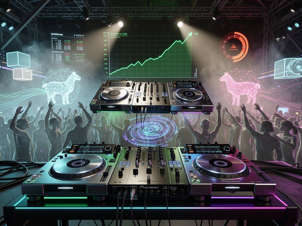Virtuelles AI-Festival mit DJ-Decks, Waveforms und Krypto-Charts in cyberpunk-Club-Ästhetik