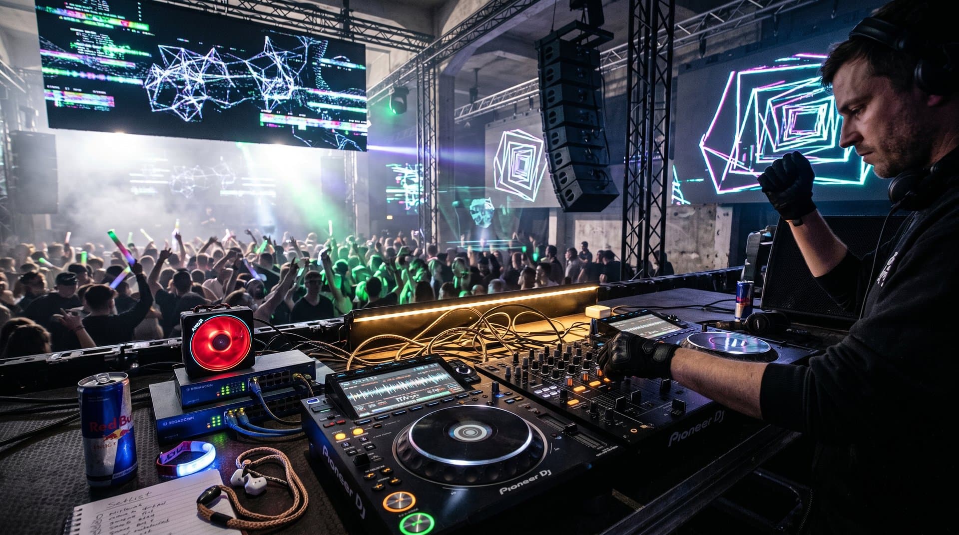 Futuristisches DJ-Pult mit AI DJ Tools auf Festivalbühne, Wellenformen und Chips im Fokus