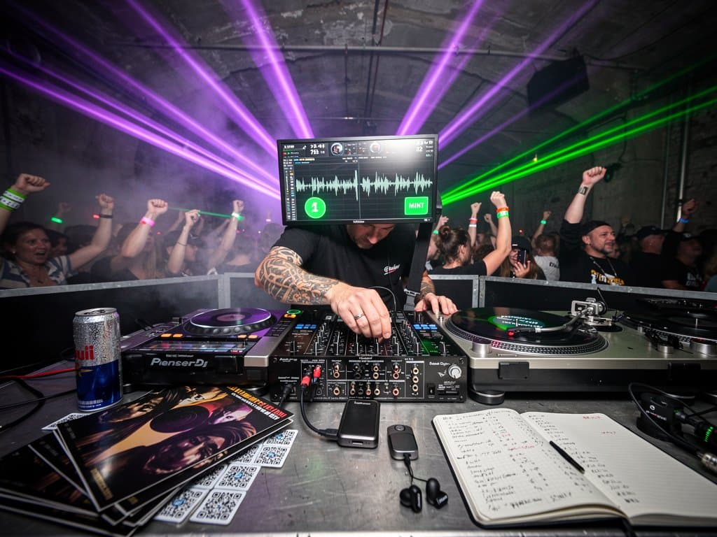 DJ-Booth mit XRP-Charts, NFT-Minter und Techno-Waveform in Berlin-Club